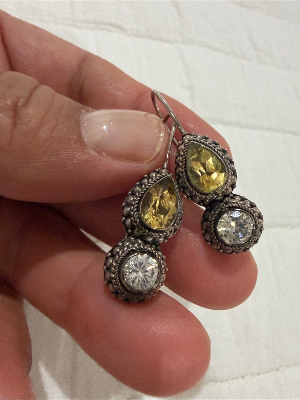 Sterling Teardrop Yellow Crystal Drop Earrings - Unbranded